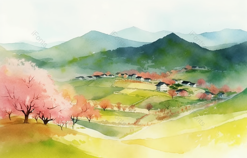 绿色山林稻田粉色桃花水彩手绘场景,插画/手绘图,插画/手绘图库,插画/手绘图下载,插画/手绘